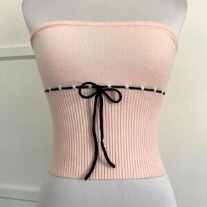 Edikted Pink Ribbed Knit Tube Top Black Bow Coquette Balletcore Strapless Size M